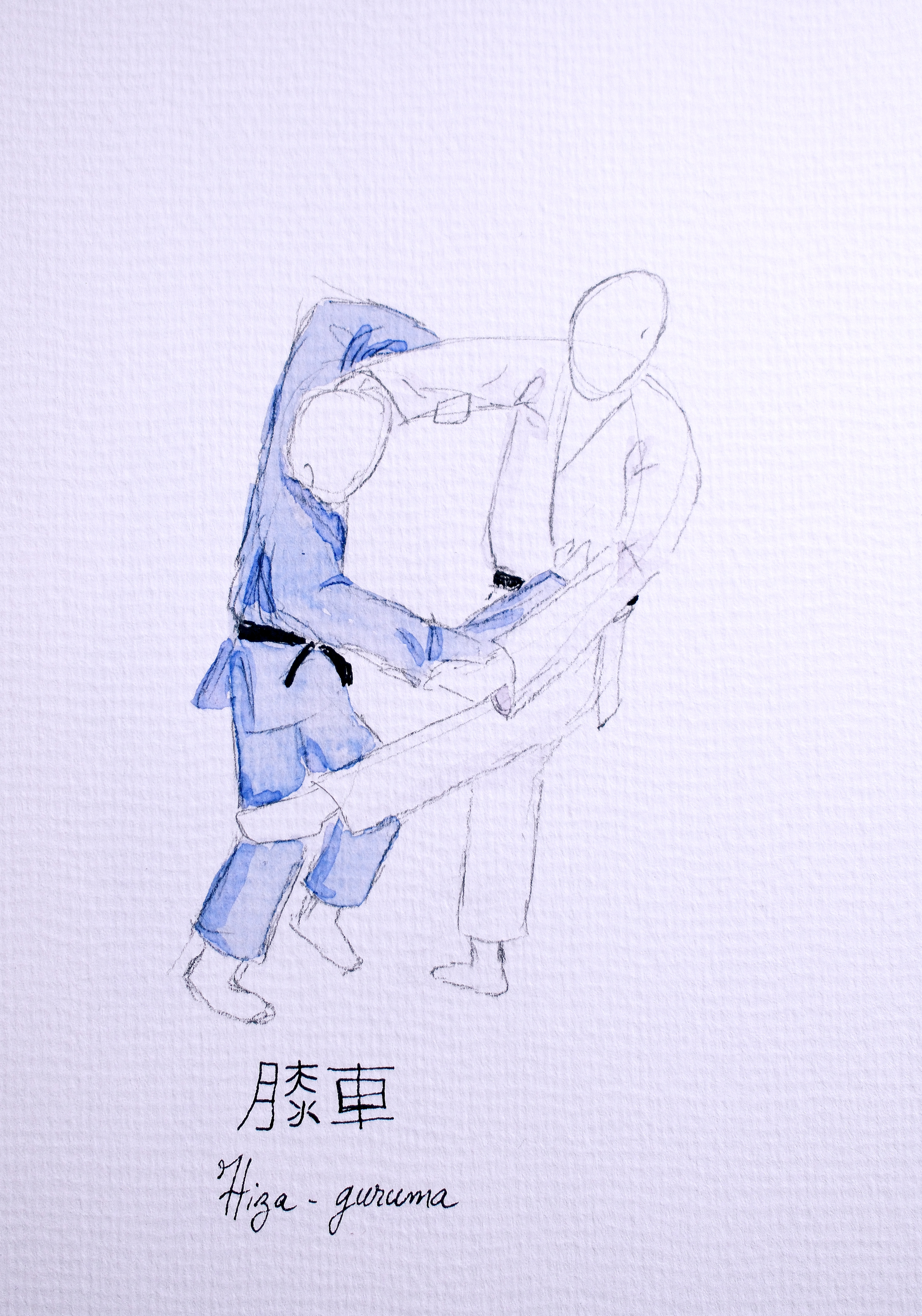 A painting of hiza-guruma at the execution step Hiza-guruma painting